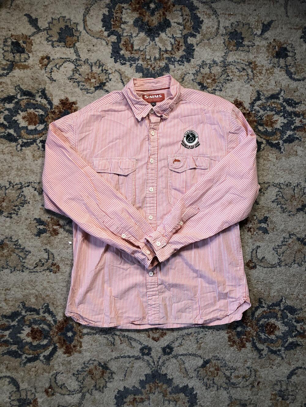 Simms Fishing Shirt Mens Large Pink White Gingham Long Sleeve Elk River Patch